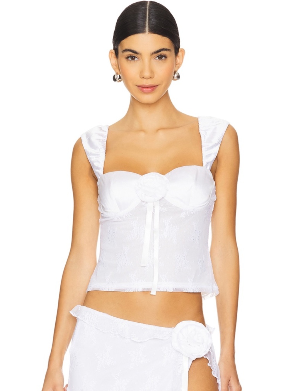 MAJORELLE White Floral Lace Bustier with Rosette